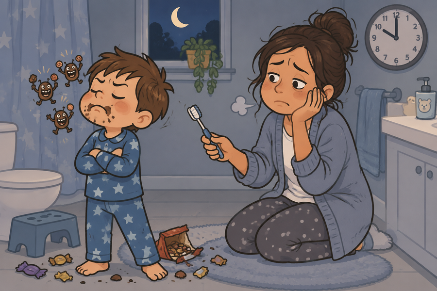 Diş fırçalamayı reddeden çocuk ve yorgun anne